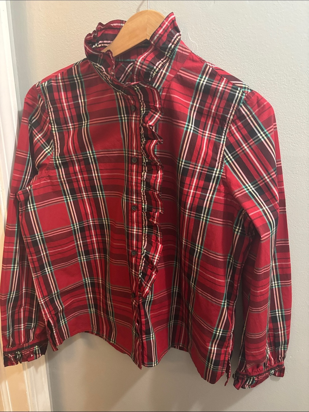 J. Crew Cottage Red Plaid Ruffle-Front Shirt Cotton Poplin Holiday - 10 - Picture 3 of 8